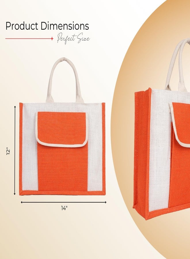 MISPACIO Jute Handbag with Large Outer Pocket | Orange & White Eco-Friendly Tote with Superior Lining, Zipper Closure & Strong Handles | Spacious Shopping Office Travel Bag | 12" x 16" x 5" | Pack of 2 - Image 4